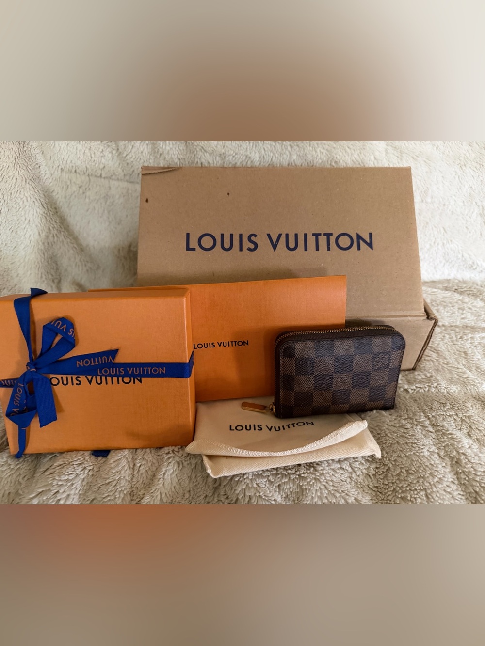 Louis Vuitton Brown Damier Ebene Zip Card Holder with Gold Hardware